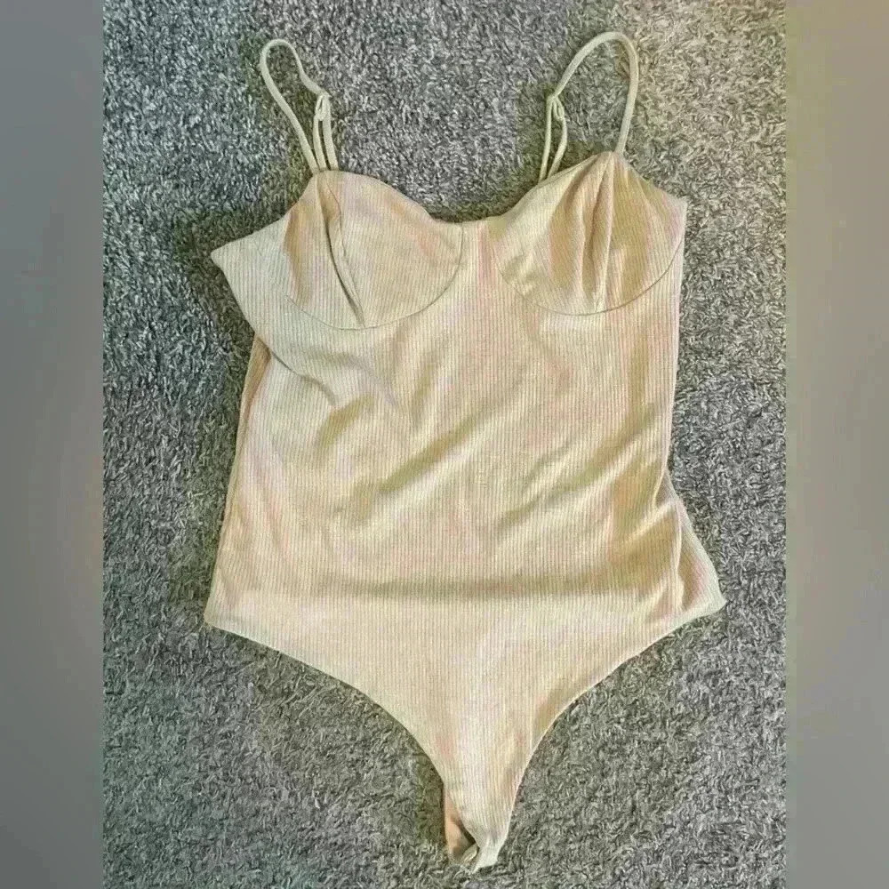 AFRM Tan Ribbed Sleeveless Body Suit Size Large